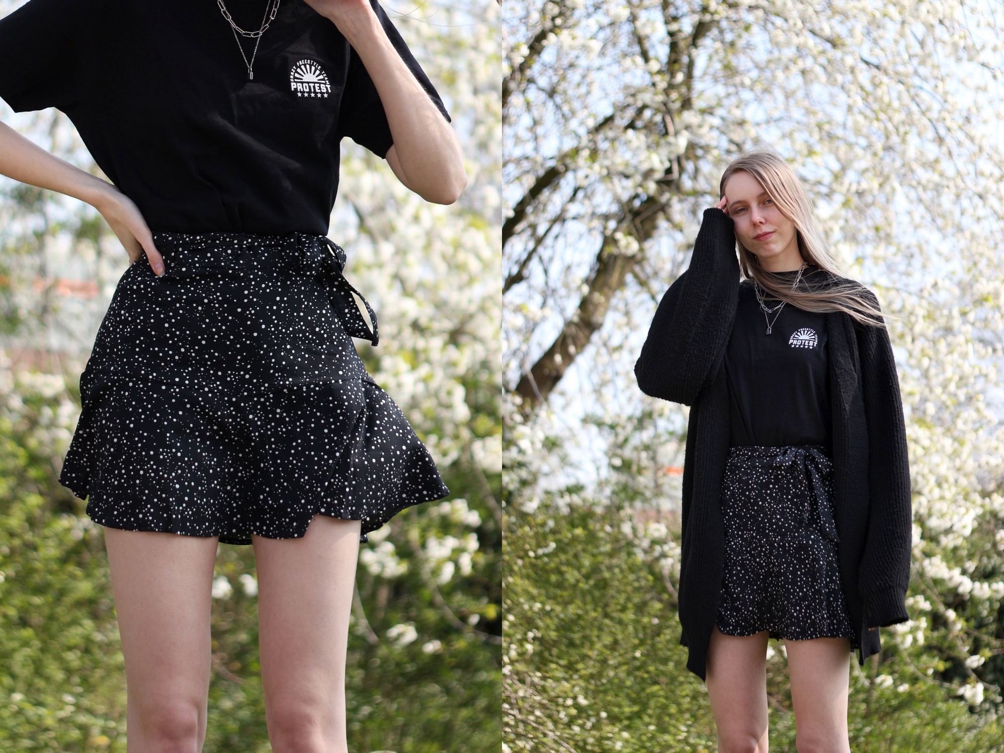 Nederlandse mode blogger zwarte outfit zomer Protest sportswear streetwear broekrokje skort shirt met print op rug Dr Martens Blake II bloesem fotoshoot