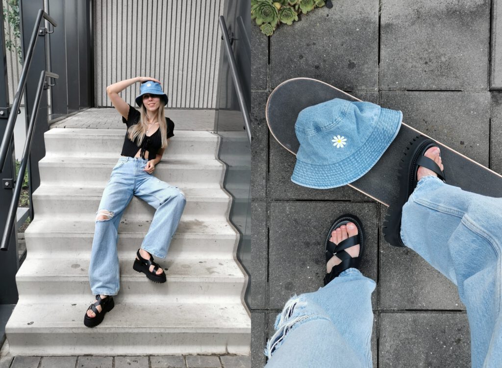 Omodafriends chunky sandalen bronx groovy sandals vissershoedje spijkerstof denim bucket hat daisy madeliefje outfit met wijde spijkerbroek gaten nederlands mode blog