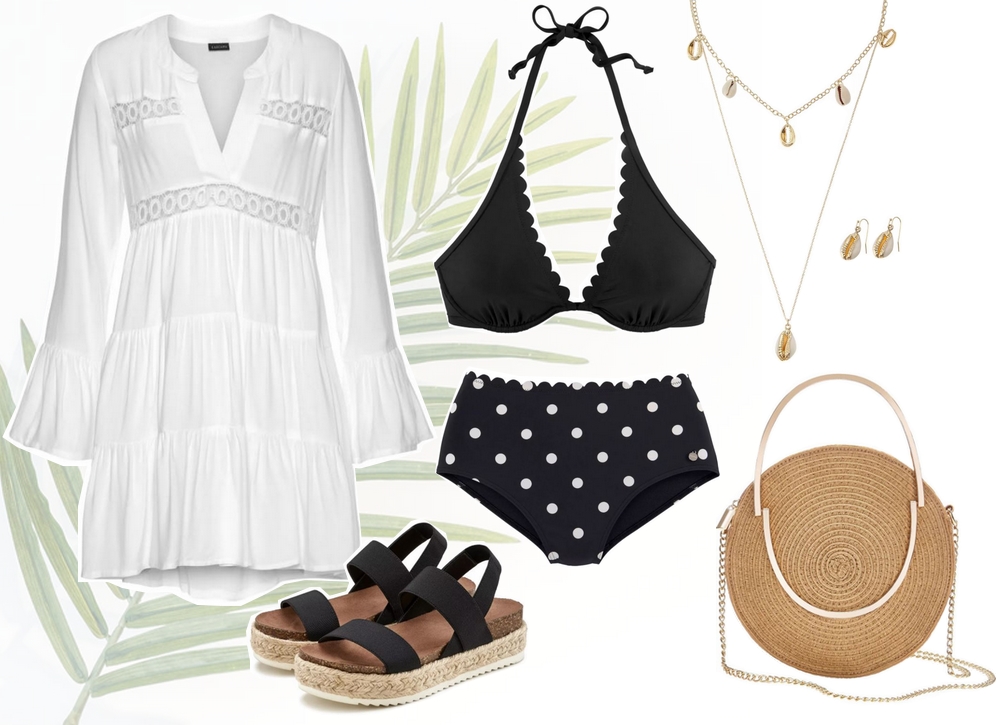 Strand outfit met stippen bikini hoge taille bikinibroekje high waist polkadot witte strandjurk zomer sandalen touw plateauzolen rieten handtas rond schelpen sieraden