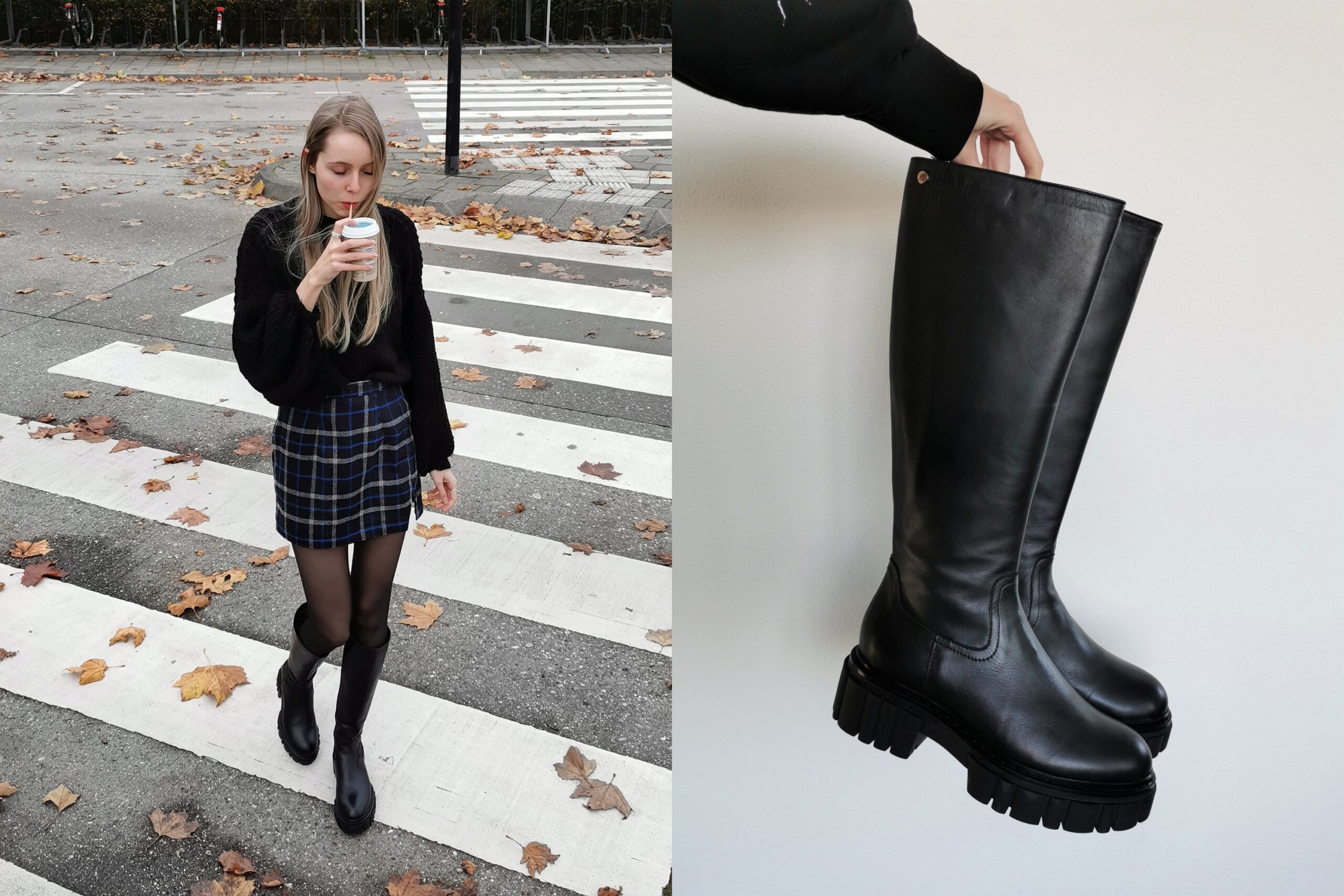 Make people stare mode blog hoge laarzen Omoda Notre-V lange laarzen knee high boots schoenentrends 2021 laarzentrend herfstlaarzen winterlaarzen kort geruit rokje herfstoutfit inspiratie nederlands mode blog druten