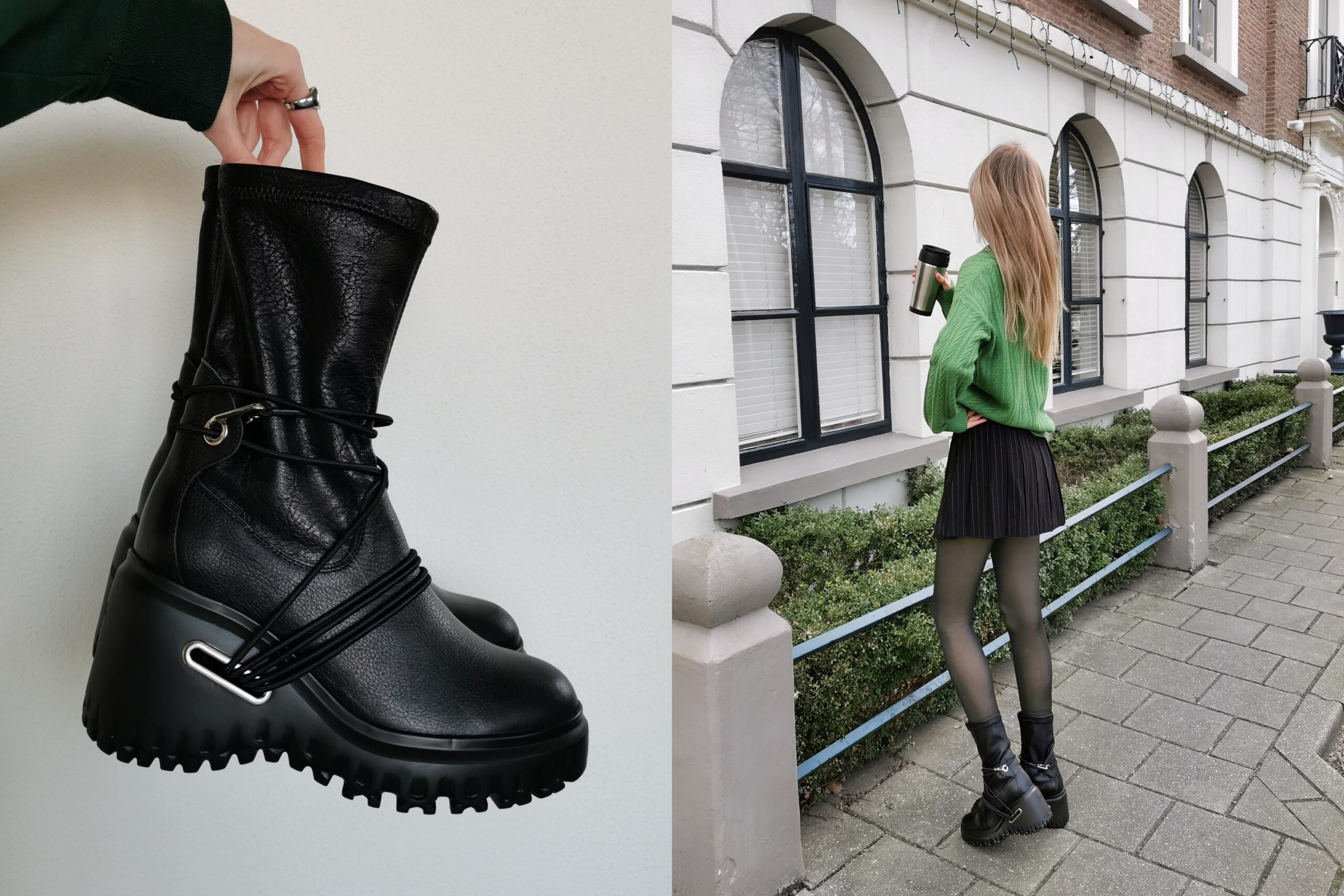 Omoda friends Bronx Curv-y strap boots stoere enkellaarsjes opvallende statement laarzen sleehak nederlandse mode blogger groene trui outfit inspiratie