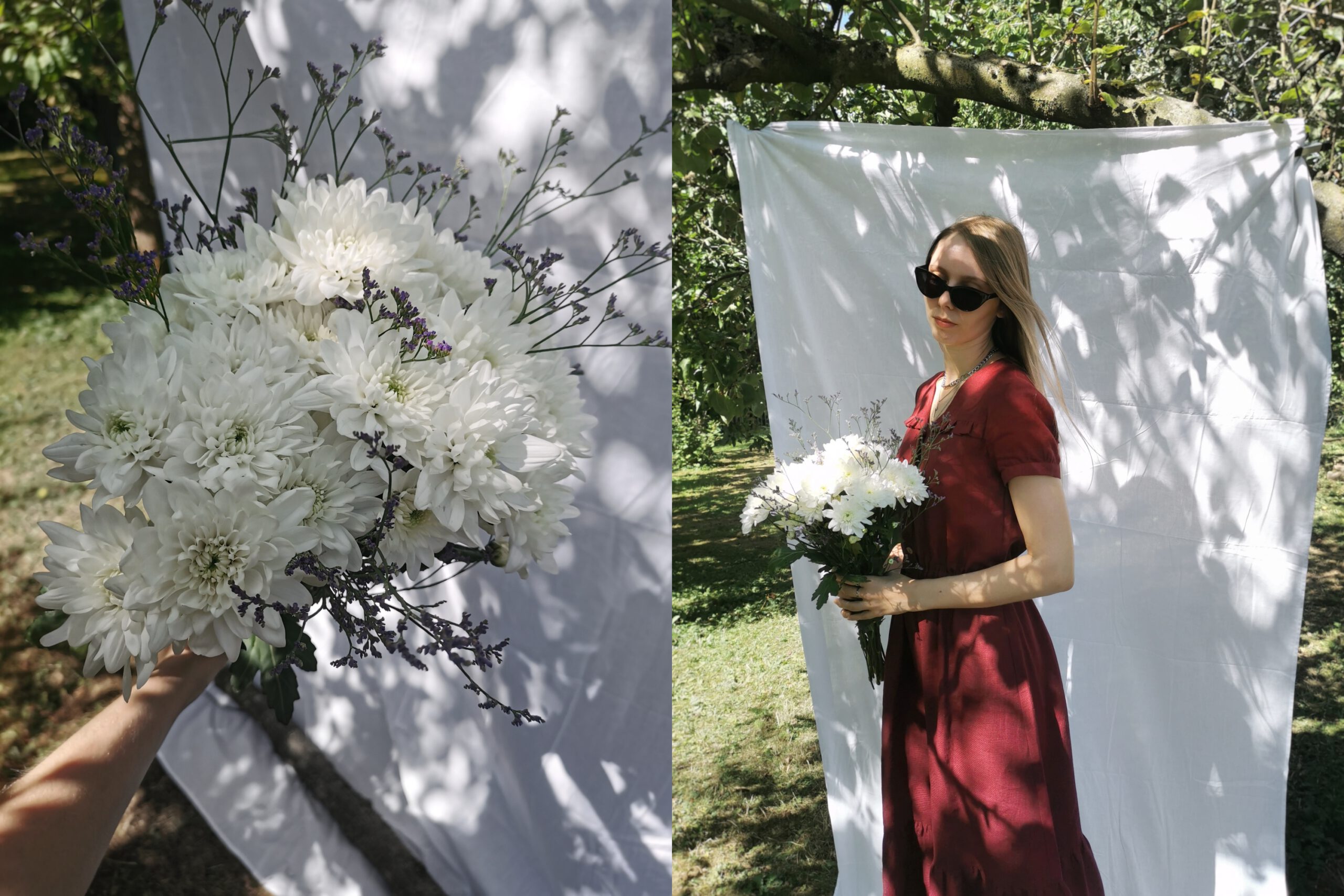 Linnen jurk wijnrood op maak gemaakt door Naaiatelier Marta in Breda cottagecore fotoshoot met wit doek in natuur met romantische sfeer en witte bloemen