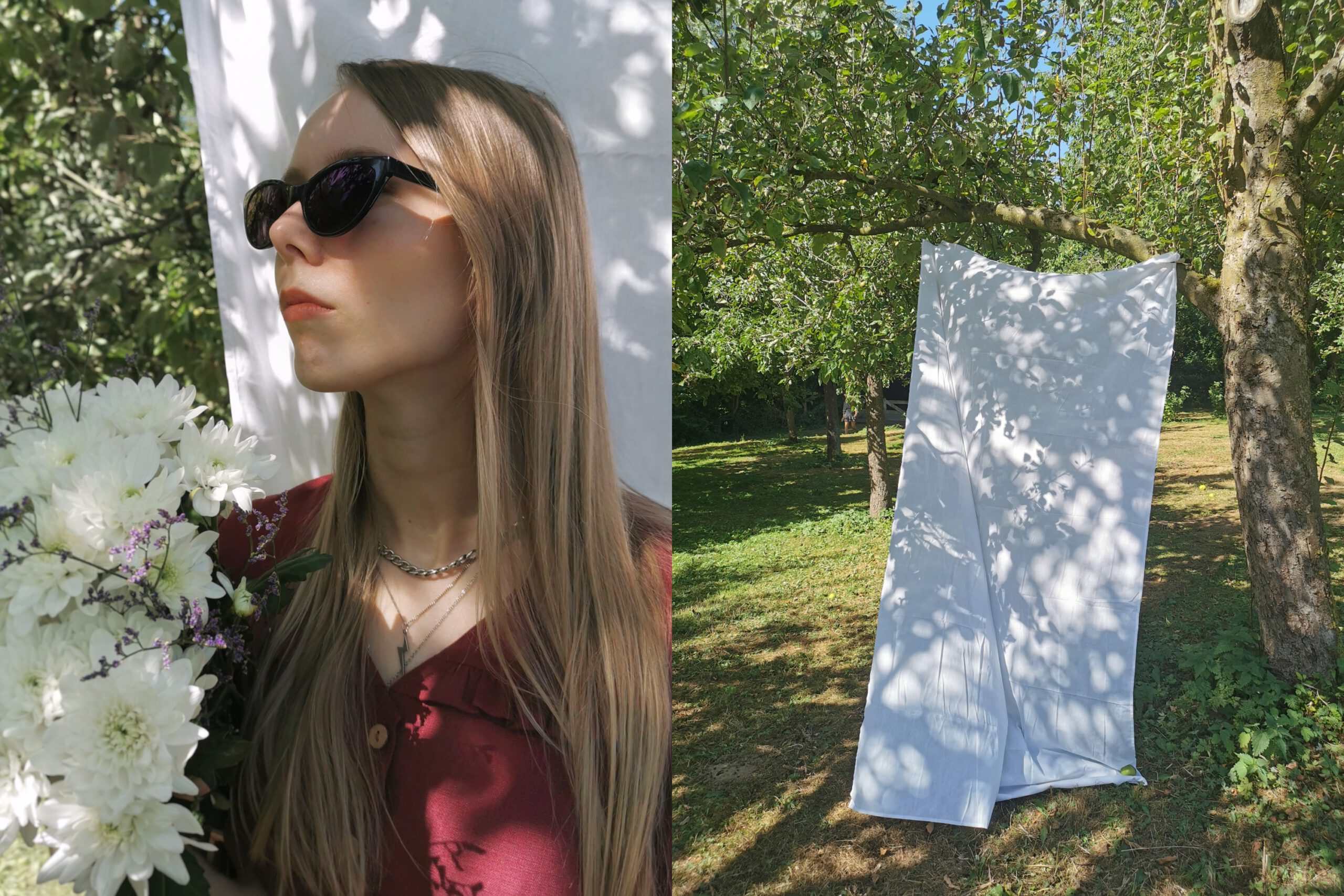 Linnen jurk wijnrood op maak gemaakt door Naaiatelier Marta in Breda cottagecore fotoshoot met wit doek in natuur met romantische sfeer en witte bloemen