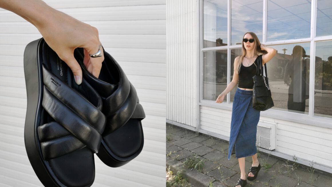 Outfit | Denim midi skirt & platform slippers