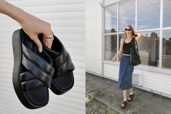 Outfit | Denim midi skirt & platform slippers